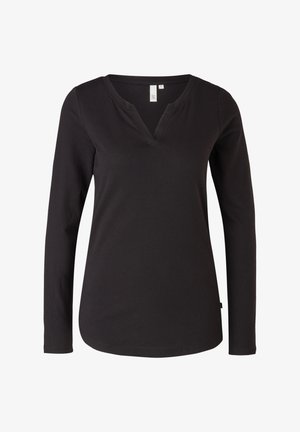 Schwarzes langärmeliges V-Ausschnitt-Oberteil aus Baumwolle. Verfügt über eine lässige Passform mit genähtem Saum und einem kleinen Etikett an der Seite. Glatte Textur.