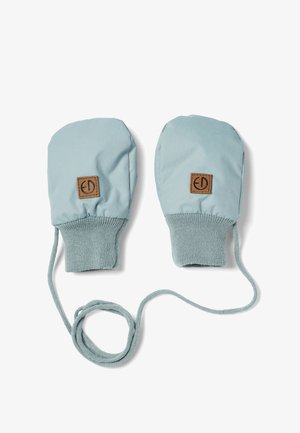 Vaaleansiniset eristetyt lapaset, joissa on neulottu rannekaulus ja yhteensopiva naru. Jokaisessa lapasessa on neliömäinen kudottu merkki logolla.