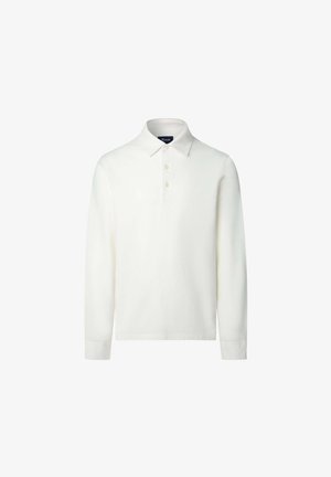 Polo a maniche lunghe in cotone bianco, con colletto e patta con tre bottoni. Tessuto liscio con dettagli minimi.