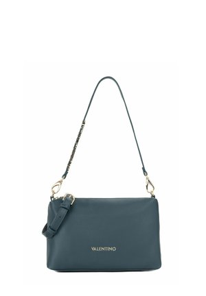 Sac à bandoulière en cuir Valentino bleu sarcelle foncé avec logo doré, bandoulière réglable et fermoirs en métal doré.