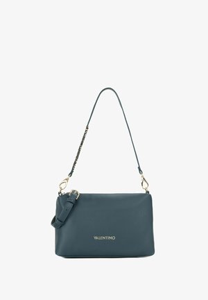 Sac à bandoulière en cuir Valentino bleu sarcelle foncé avec logo doré, bandoulière réglable et fermoirs en métal doré.