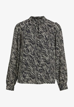 Langermet bluse i lett, mønstret stoff med et abstrakt bølgedesign i svart og krem, høy hals og samlede skul seams.