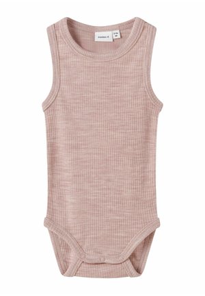 Rosa gestreifter ärmelloser Bodysuit mit Rundhalsausschnitt und Druckknopfverschluss am unteren Ende. Weiche Textur und figurbetontes Design für Komfort.