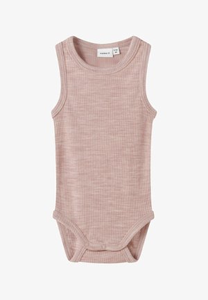 Pink ribbed sleeveless bodysuit with a round neckline and snap closure at the bottom. Soft texture and form-fitting design for comfort.