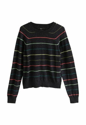 Czarny sweter z wielokolorowymi poziomymi paskami w kolorze czerwonym, zielonym, niebieskim i żółtym. Splot dzianiny z drobnymi detalami. Okrągły dekolt.