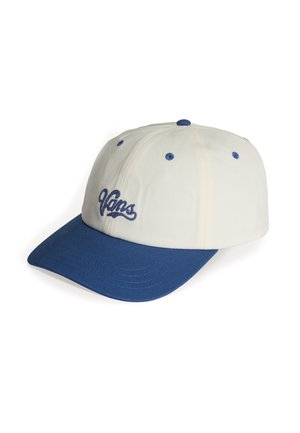 Hvid baseballkasket med blå skygge, blå øjnhuller og blåt "Vans"-logo broderet på frontens venstre panel.