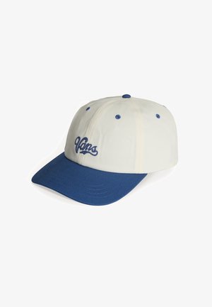 Biała czapka z daszkiem z niebieskim wizjerem, niebieskimi oczkami i niebieskim logo "Vans" naszytym na lewym przednim panelu.