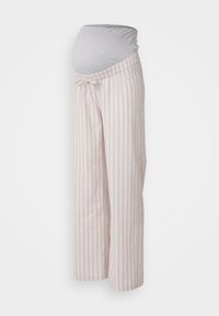 Pantalons de maternité rayés rose clair avec une taille élastique grise douce, présentant une coupe décontractée à jambes larges et un détail de cordon de serrage.