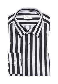 Zwart-wit gestreepte shirt, moderne pasvorm, met een puntige kraag en knoopmanchetten, gemaakt van gladde stof met contrasterende patronen.