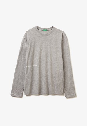 Gray long-sleeve t-shirt made of soft cotton material. Features a crew neckline and subtle white logo text on the side.