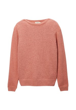 Pull en tricot rose avec un col rond, des manches longues et des poignets et un ourlet côtelés. Texture douce avec une finition légèrement duveteuse.