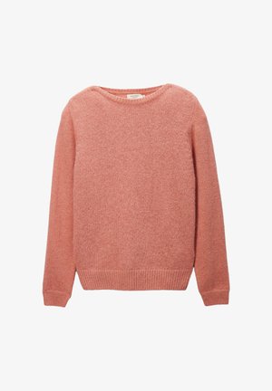 Pull en tricot rose avec un col rond, des manches longues et des poignets et un ourlet côtelés. Texture douce avec une finition légèrement duveteuse.