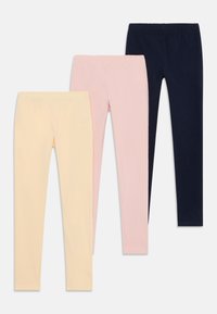 Three pairs of leggings: light yellow, pastel pink, and navy blue. They feature an elastic waistband and a smooth, stretchy cotton material.