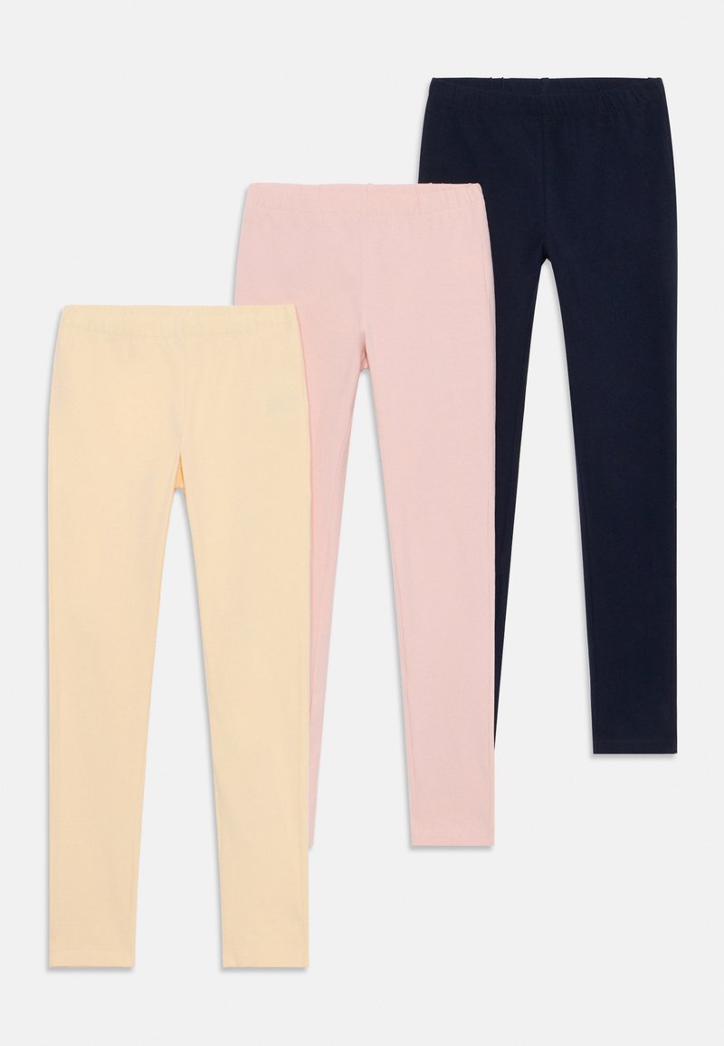 Three pairs of leggings: light yellow, pastel pink, and navy blue. They feature an elastic waistband and a smooth, stretchy cotton material.