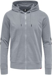 Grau Zip-Hoodie aus weichem Stoff. Mit Kordelzugkapuze, vorderem Reißverschluss und schwarzen Akzentmustern an den Ärmeln. Gerippte Bündchen und Saum.