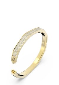 Bracciale rigido in metallo dorato con embellishments in cristallo lungo la parte superiore. Presenta un design angolare e una chiusura a scatto sicura.