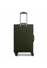 Groene harde koffer met een gestructureerde afwerking, uitschuifbare handgreep en vier zwarte wielen voor mobiliteit. Zijhandgreep voor tillen.