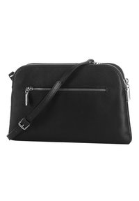 Borsa a tracolla nera in pelle con superficie texturizzata, due scomparti con zip e una tracolla regolabile per un facile trasporto.