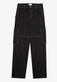 Black cargo pants made of durable fabric, featuring white stitching, two side pockets, a relaxed fit, and a standard waistband with a button closure.