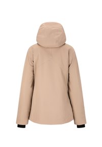 Beige isolerad jacka med huva, med en slät yta och kontrasterande svarta ärmslut. Baksidan visar en enkel design utan synliga knäppningar.