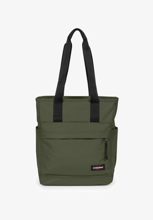 Sac cabas rectangulaire vert avec anses noires, poche avant zippée, poches latérales et petit patch logo Eastpak en bas à droite.