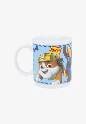 White ceramic mug featuring cartoon dogs on a blue background with a "RUFF!" graphic. The handle is round, and there's a paw print design.