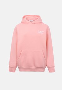 Sweat à capuche rose clair avec poche avant et texte blanc sur la poitrine indiquant : « Je suis trop occupé pour les longs messages, envoie-moi juste des mèmes. »