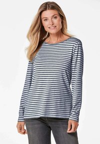 Gestreepte lange mouw shirt met een ronde halslijn. De stof heeft een zachte textuur en vertoont afwisselend marineblauwe en witte strepen.