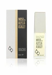 Genomskinlig parfymflaska med silverlock; minimalistisk etikett med svart och guld text; tillhörande svart och vit förpackning med könssymboler.