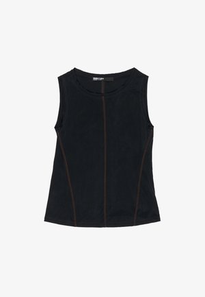 Čierny tielko bez rukávov s okrúhlym výstrihom, s kontrastným hnedým prešívaním a priliehavým strihom. Hladká štruktúra bez viditeľných vzorov.