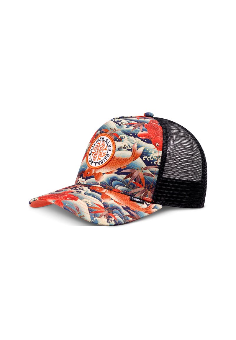 Baseball cap with colorful koi fish and wave patterns on front panels, black mesh back, and circular "Koi Natsching Club" patch.