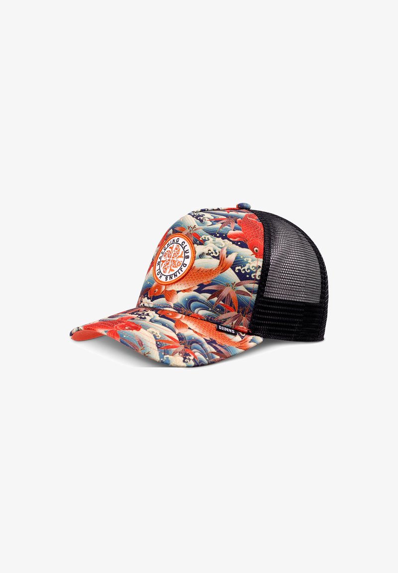 Baseball cap with colorful koi fish and wave patterns on front panels, black mesh back, and circular "Koi Natsching Club" patch.