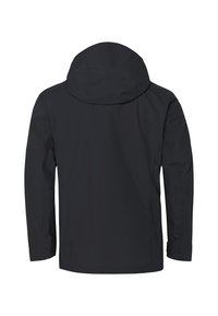 Giacca nera impermeabile con cappuccio, caratterizzata da una texture liscia, un design semplice e maniche lunghe. Senza hardware o dettagli visibili.