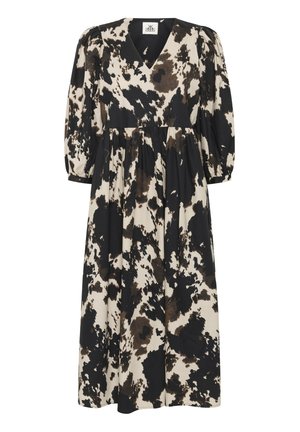 Black and brown abstract splatter print midi dress with V-neckline and three-quarter puff sleeves.