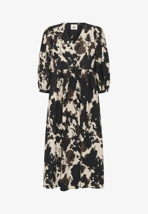 Sort og brun abstrakt splatterprint midi kjole med V-udskæring og trekvart puffærmer.