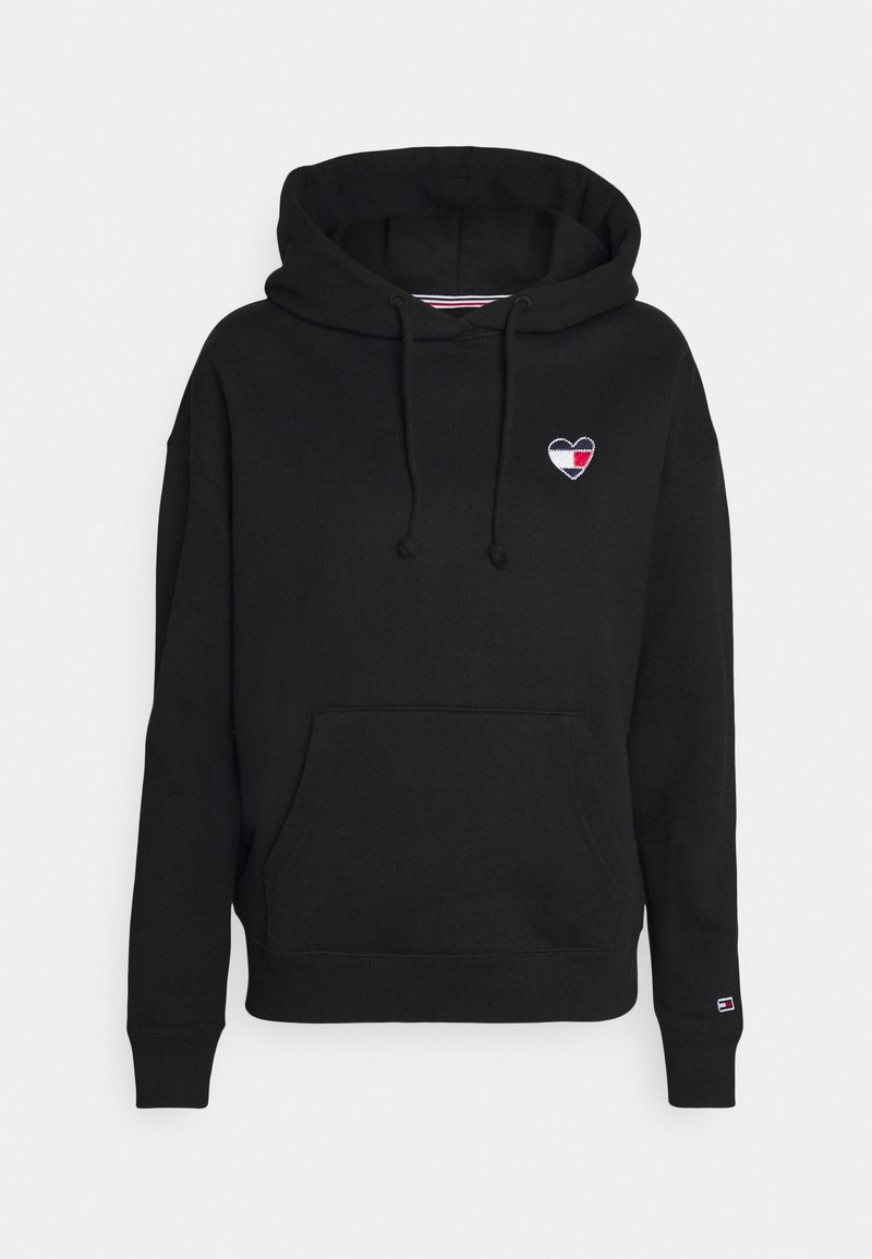 Felpa nera con cappuccio e tasca frontale, con un logo a cuore ricamato in nero, bianco e rosso sul lato sinistro del petto.