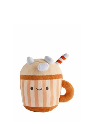 Plush toy shaped like a smiling striped mug with a handle, topped with three white marshmallows and a striped straw.