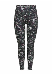 Blommiga leggings med en mörk bakgrund och ett flerfärgat abstrakt mönster, hög midja och stretchigt tyg för komfort.