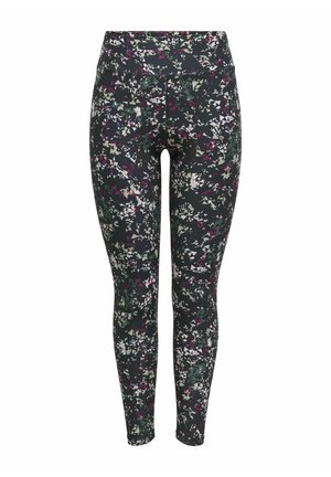 Blommiga leggings med en mörk bakgrund och ett flerfärgat abstrakt mönster, hög midja och stretchigt tyg för komfort.