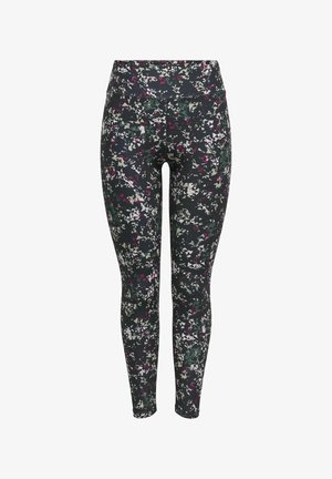 Blomstrede leggings med en mørk baggrund og et multifarvet abstrakt mønster, højt liv og strækbart stof for komfort.