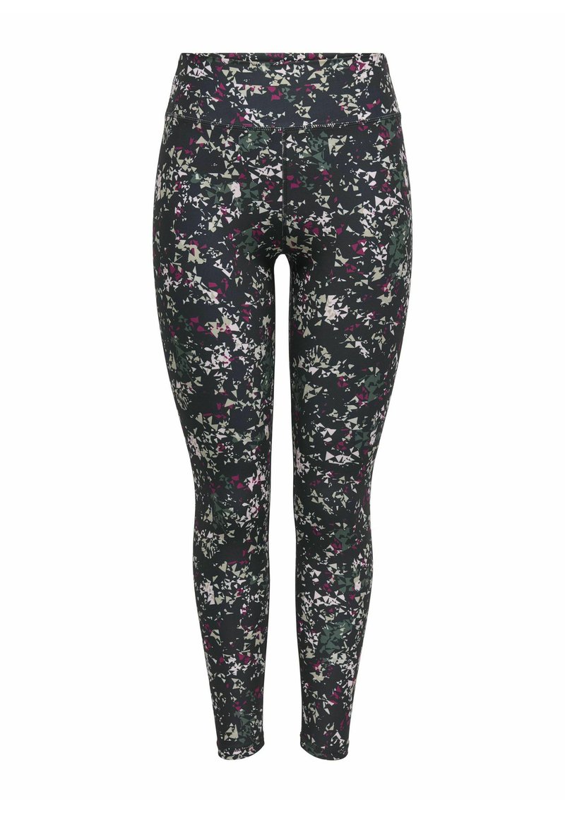 Blommiga leggings med en mörk bakgrund och ett flerfärgat abstrakt mönster, hög midja och stretchigt tyg för komfort.