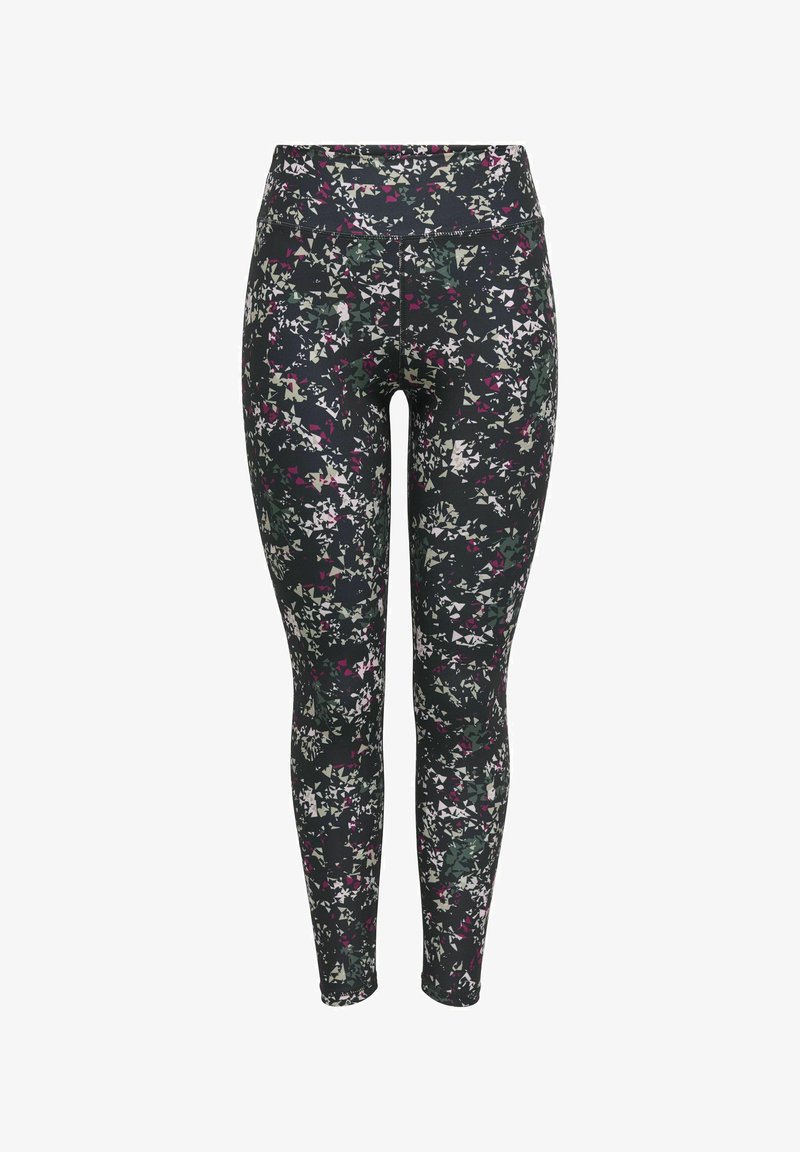 Blommiga leggings med en mörk bakgrund och ett flerfärgat abstrakt mönster, hög midja och stretchigt tyg för komfort.