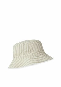 Beige bøttehat med lodrette creme striber, der har en let afrundet top og en bred skygge, der hælder nedad. Fremstillet af struktureret stof.