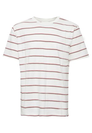 Valkoinen puuvillapaita, jossa on vaakasuoria punaisia ja laivastonsinisiä raitoja. Pyöreä kaula-aukko, lyhyet hihat, klassinen malli, sileä kangas, ilman graafisia kuvastoja.