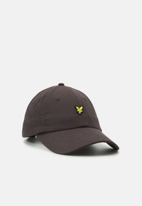 Casquette gris foncé en coton, avec une visière incurvée et un logo d'aigle jaune brodé sur le côté gauche à l'avant.