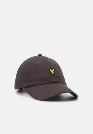 Casquette gris foncé en coton, avec une visière incurvée et un logo d'aigle jaune brodé sur le côté gauche à l'avant.