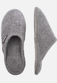 Gray wool slippers with a soft texture, closed back, and slip-on design. Features a sturdy sole and a small logo on the side.