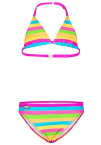 Ensemble de bikini comprenant un haut triangulaire et un bas de maillot assorti. Rayures vives en rose, jaune, vert et bleu. Tissu lisse et extensible.