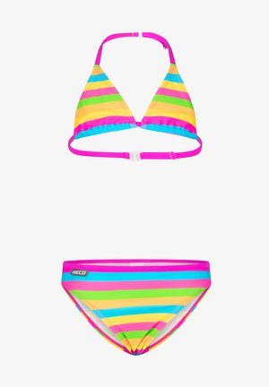 Bikini-Set mit einem Dreieckstop und passendem Bikiniunterteil. Helle Streifen in Pink, Gelb, Grün und Blau. Glattes, dehnbares Material.