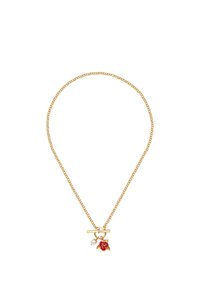 Gold chain necklace with a toggle clasp, featuring a red rose charm and a small white pearl charm.